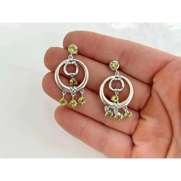 Sterling Silver Green Rhinestone Chandelier Style Hoop Boho Retro Earrings - Picture 6 of 10